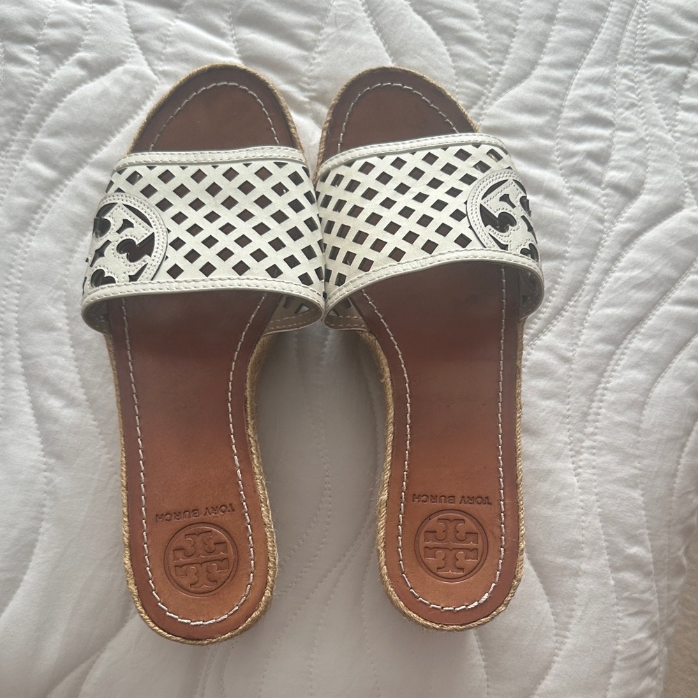 Tory Burch White and Brown Slide Sandals